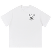 White t-shirt with black graphic and text on a white background